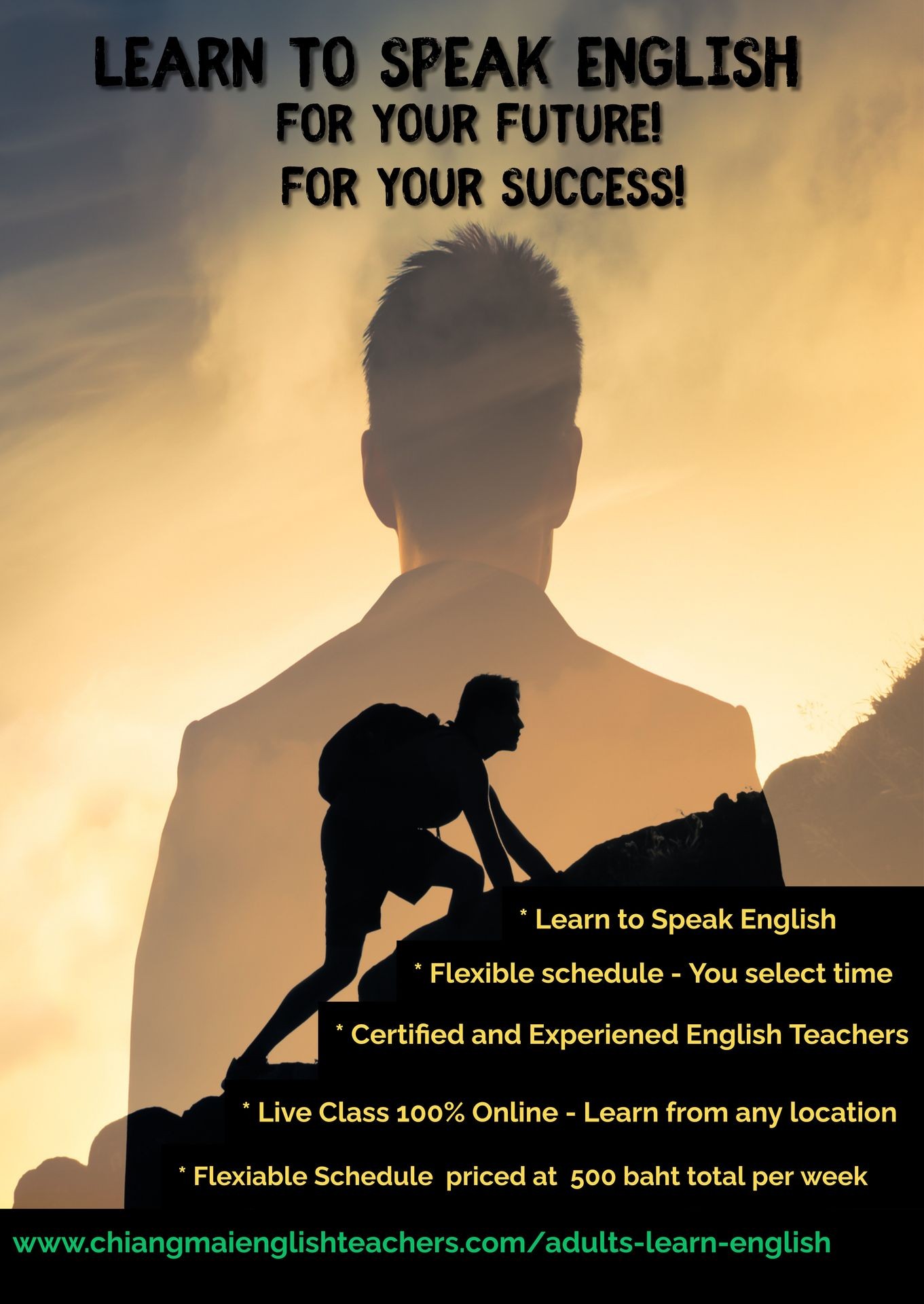 Advertisement for online English classes with flexible schedules, certified teachers, and various learning options.